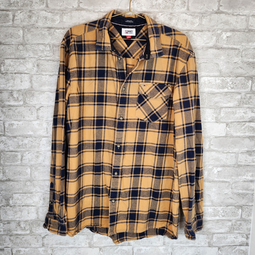 Tommy Jeans Flannel Shirt Mustard Navy Plaid Cotton Casual XL